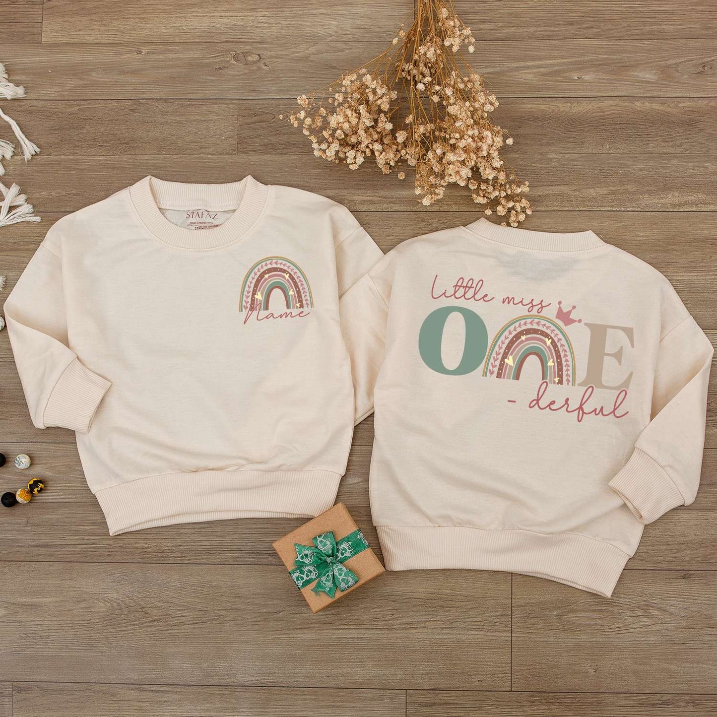 Personalized Little Miss ONE-derful Baby Romper 1st Birthday Outfit Muted Rainbow Crown Design Girl Newborn Sophia Name