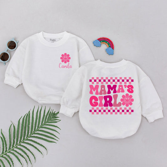 Mama's Girl Pink Checkered Baby Romper with Smiley Flower Design Newborn Outfit for Girls Sweet Mother's Day Baby Shower Gift