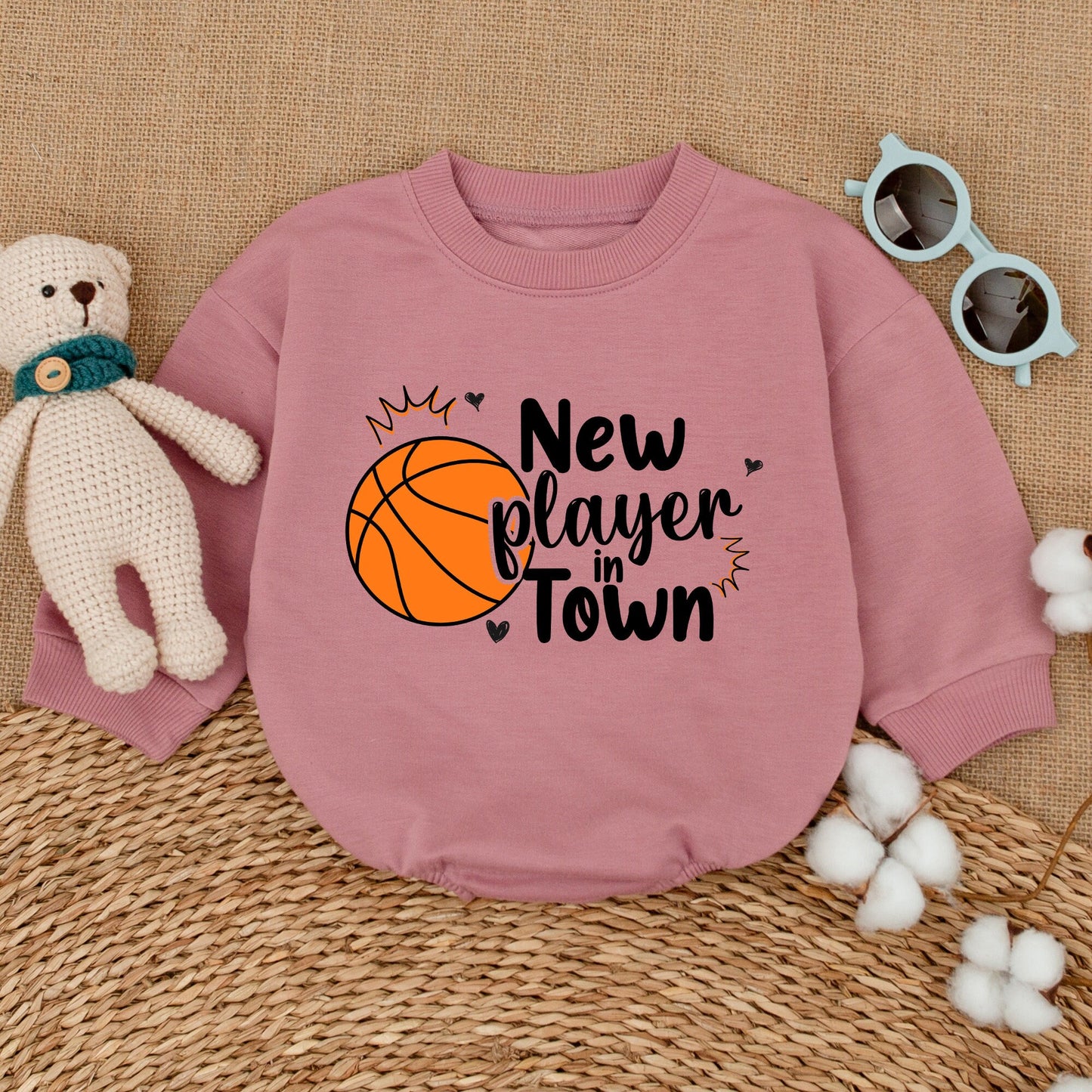 New Player In Town Baby Boy Basketball Romper Funny Bodysuit Playful Orange Ball Design Shower Gift Bubble Romper with Heart Symbols