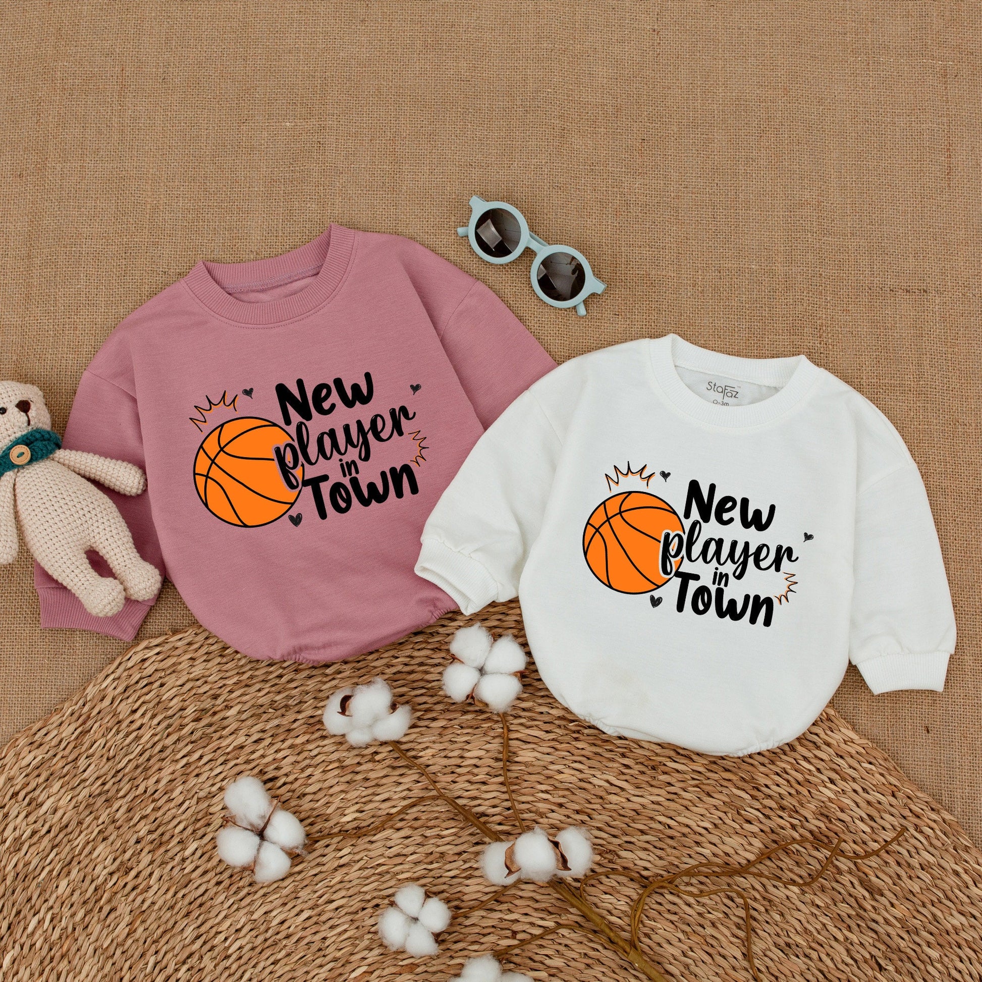New Player In Town Baby Boy Basketball Romper Funny Bodysuit Playful Orange Ball Design Shower Gift Bubble Romper with Heart Symbols