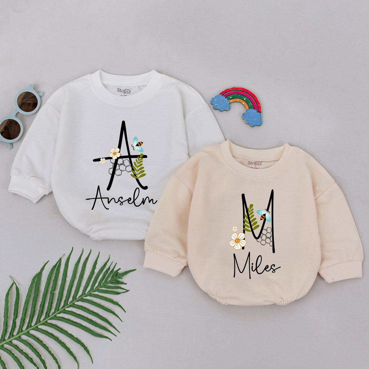 Personalized Baby Bodysuit with Scripted Name, Bee Initial Floral Honeycomb Print, Cute Newborn Coming Home Outfit Shower Gift for Boys Girls