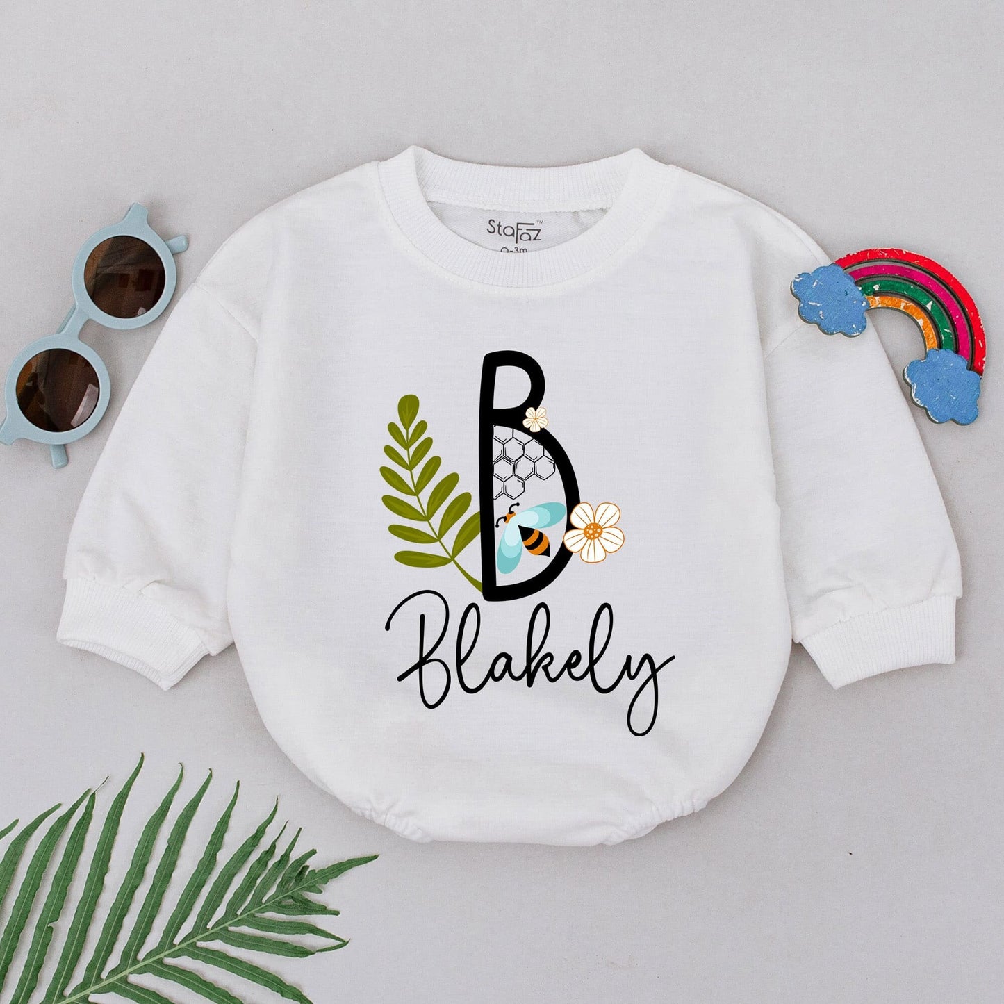 Personalized Baby Bodysuit with Scripted Name, Bee Initial Floral Honeycomb Print, Cute Newborn Coming Home Outfit Shower Gift for Boys Girls