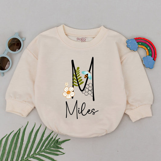 Personalized Baby Bodysuit with Scripted Name, Bee Initial Floral Honeycomb Print, Cute Newborn Coming Home Outfit Shower Gift for Boys Girls