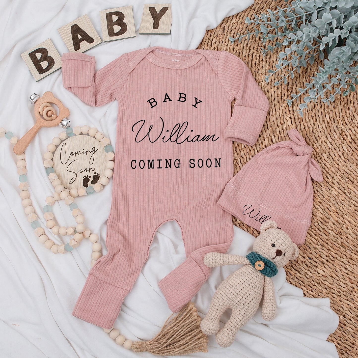 Personalized Baby Girl Coming Soon Romper Outfit with Name, Elegant Black Text Graphic Newborn Bodysuit & Hat Set, Clean Modern Shower Gift