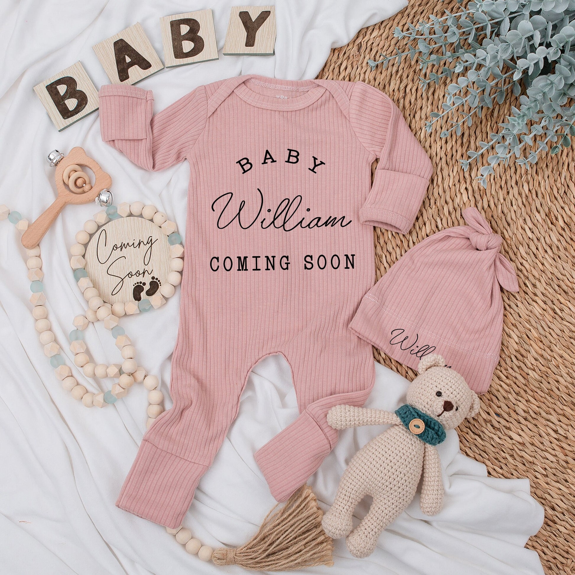 Personalized Baby Girl Coming Soon Romper Outfit with Name, Elegant Black Text Graphic Newborn Bodysuit & Hat Set, Clean Modern Shower Gift