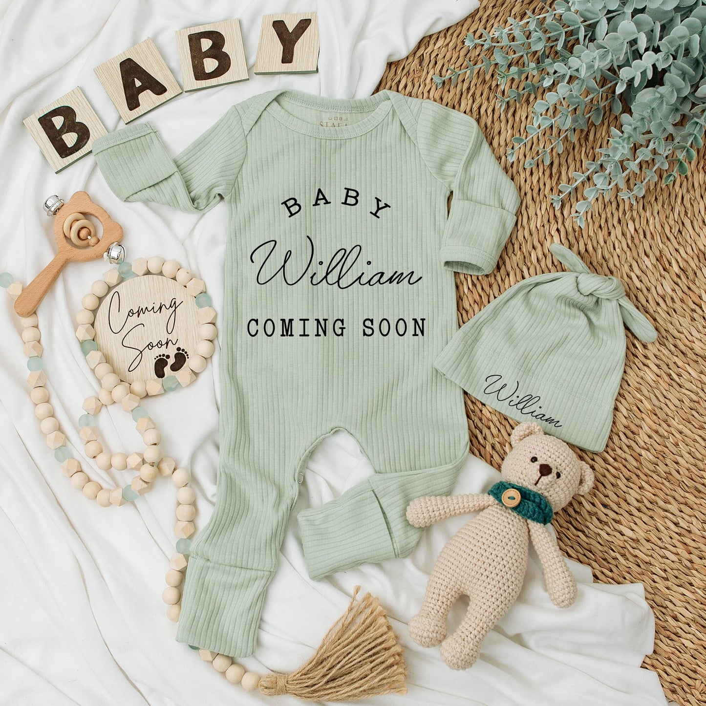 Personalized Baby Girl Coming Soon Romper Outfit with Name, Elegant Black Text Graphic Newborn Bodysuit & Hat Set, Clean Modern Shower Gift
