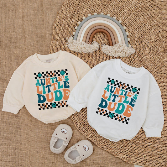 Auntie's Little Dude Baby Romper Bodysuit, Retro 70s Vintage Teal Orange Wavy Text Design, Checkerboard Smiley Lightning Bolt Infant Boy Gift