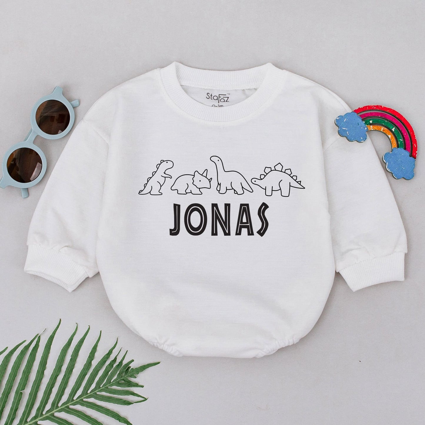 Personalized Baby Boy Dinosaur Romper Bubble Bodysuit with Custom Name Cartoon Silhouettes Playful Design Soft Cotton Birthday Gift Idea Coming Home Outfit