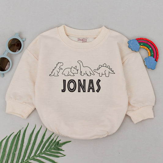 Personalized Baby Boy Dinosaur Romper Bubble Bodysuit with Custom Name Cartoon Silhouettes Playful Design Soft Cotton Birthday Gift Idea Coming Home Outfit