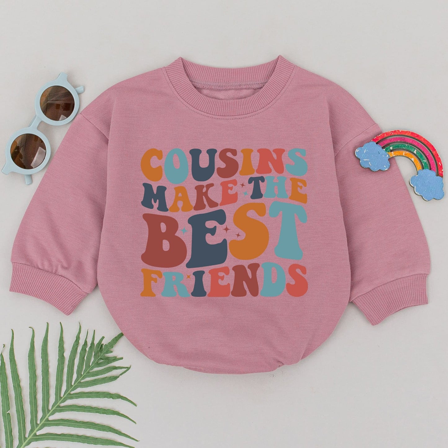 Cousins Make Best Friends Retro Romper Baby Bodysuit Vibrant 70s Stars Fun Orange Navy Blue Teal Colors Toddler Outfit Shower Gift