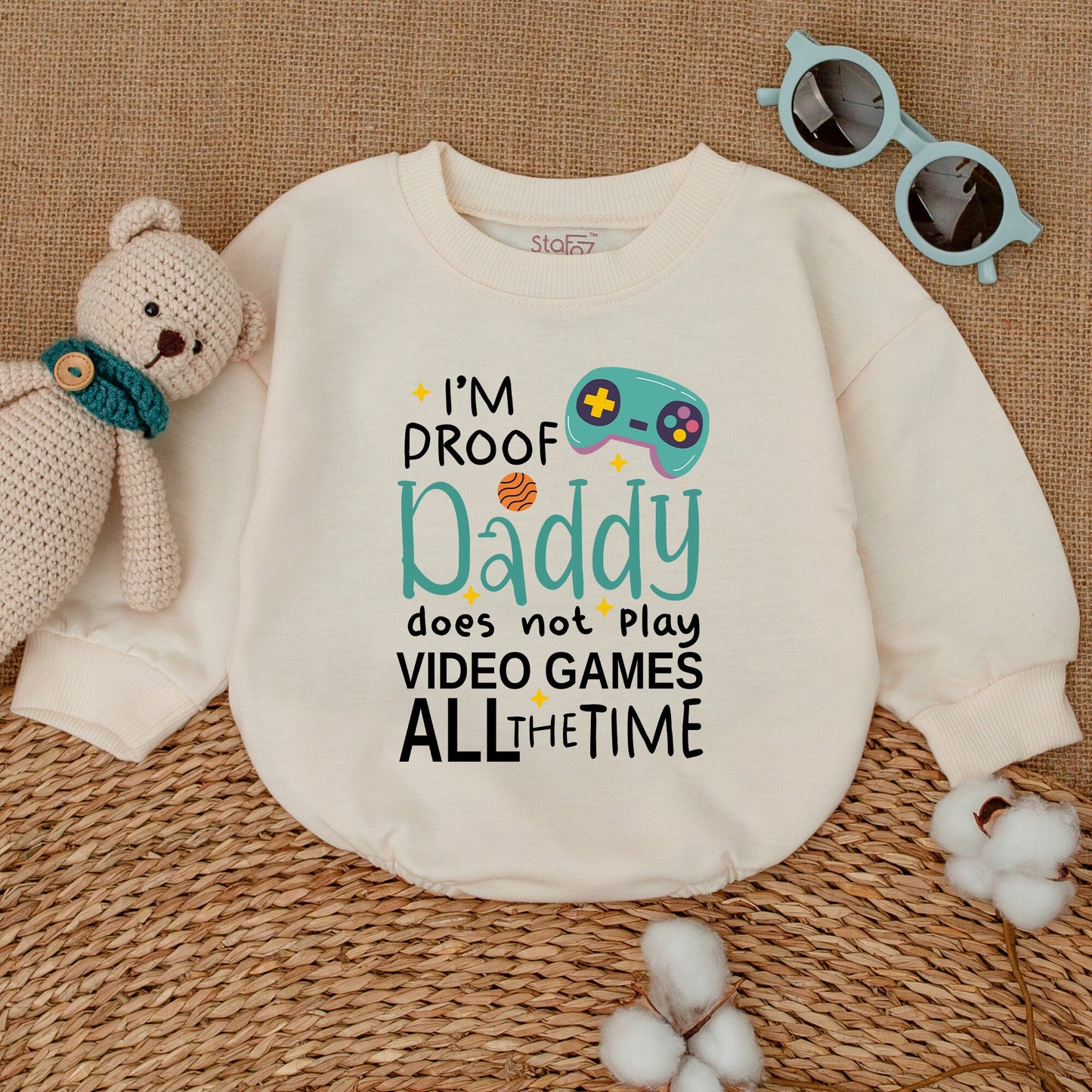 I'm Proof Daddy Does Not Play Video Games All The Time Romper Teal Video Game Controller Baby Bodysuit Father's Day Gamer Dad Gift Announcement Outfit