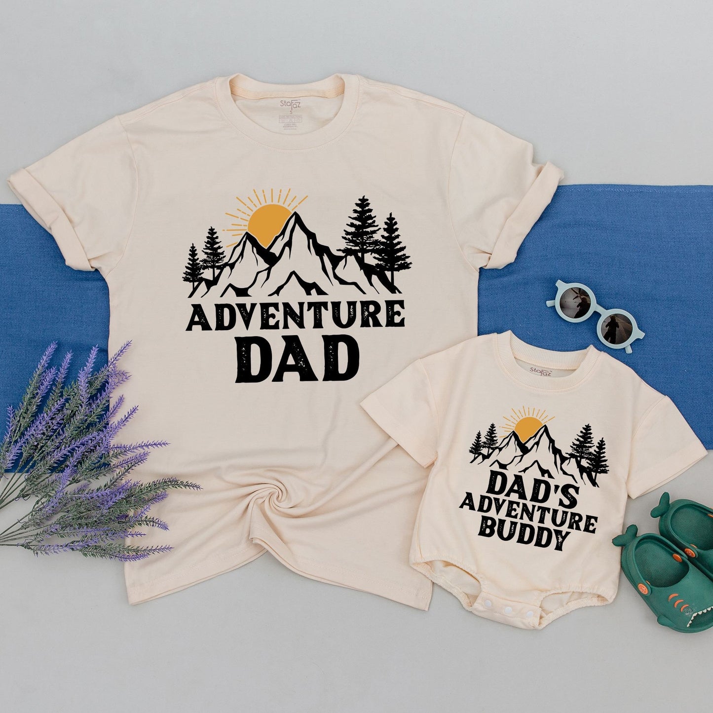 Adventure Dad & Son Matching Shirts, Dad's Adventure Buddy First Father's Day Gift, Mountain Sun Design Black Golden Yellow Outdoorsy Comfortable