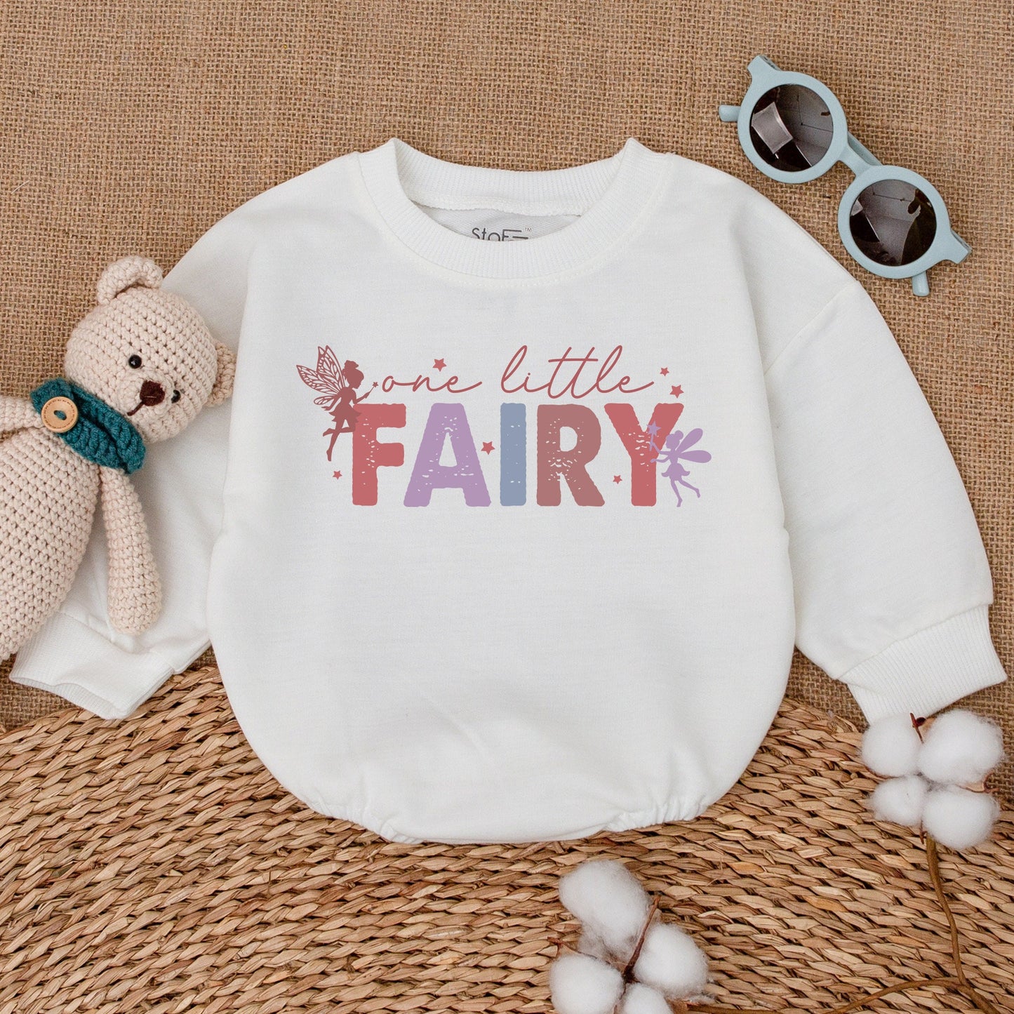 Whimsical One Little Fairy Baby Girl Romper Pink Lavender Teal Stars for Fairytale Birthday Party or Newborn Bubble Bodysuit Gift