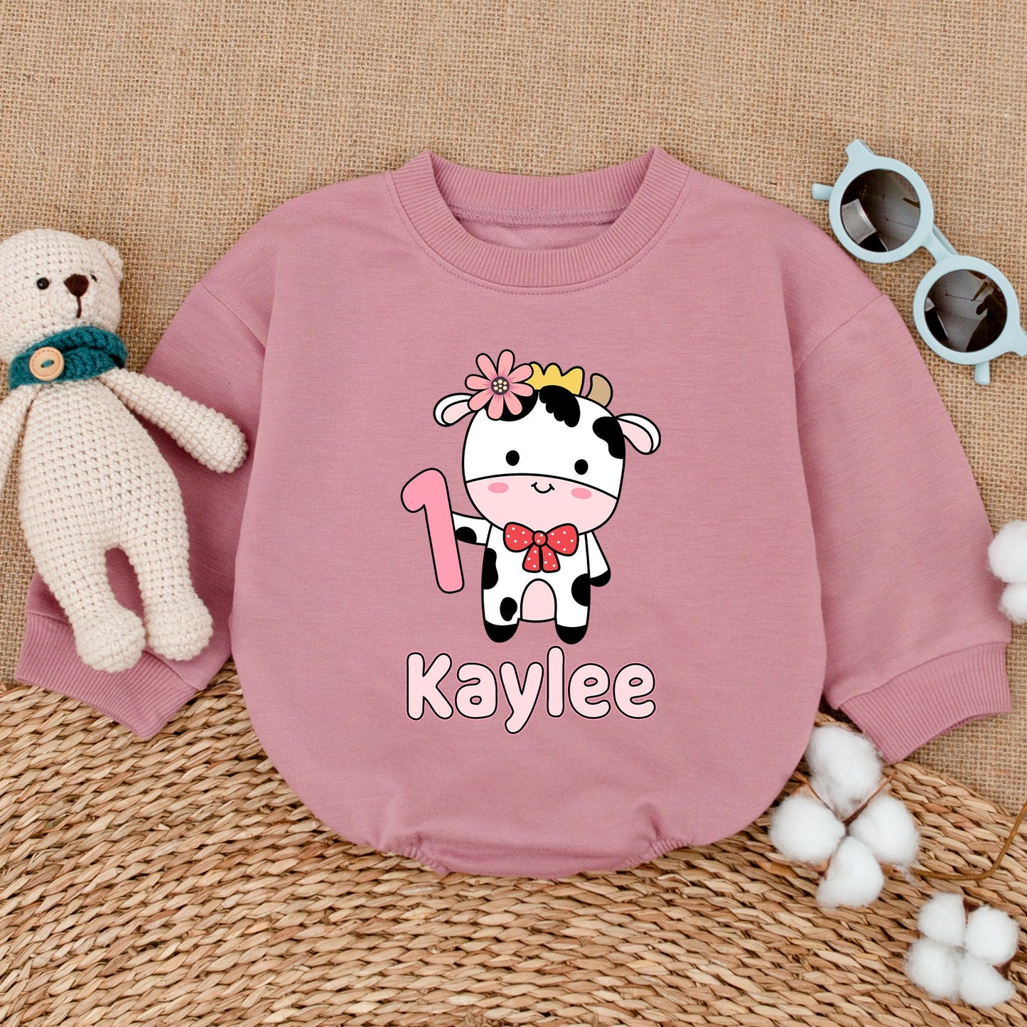 Personalized Holy Cow I'm One Girl's 1st Birthday Romper Pink Flower Crown Red Bow Tie Baby Bubble Bodysuit Outfit Farm Party Shower Gift