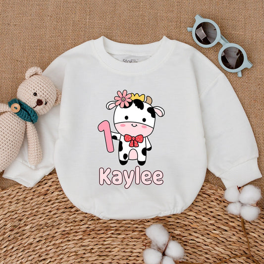 Personalized Holy Cow I'm One Girl's 1st Birthday Romper Pink Flower Crown Red Bow Tie Baby Bubble Bodysuit Outfit Farm Party Shower Gift