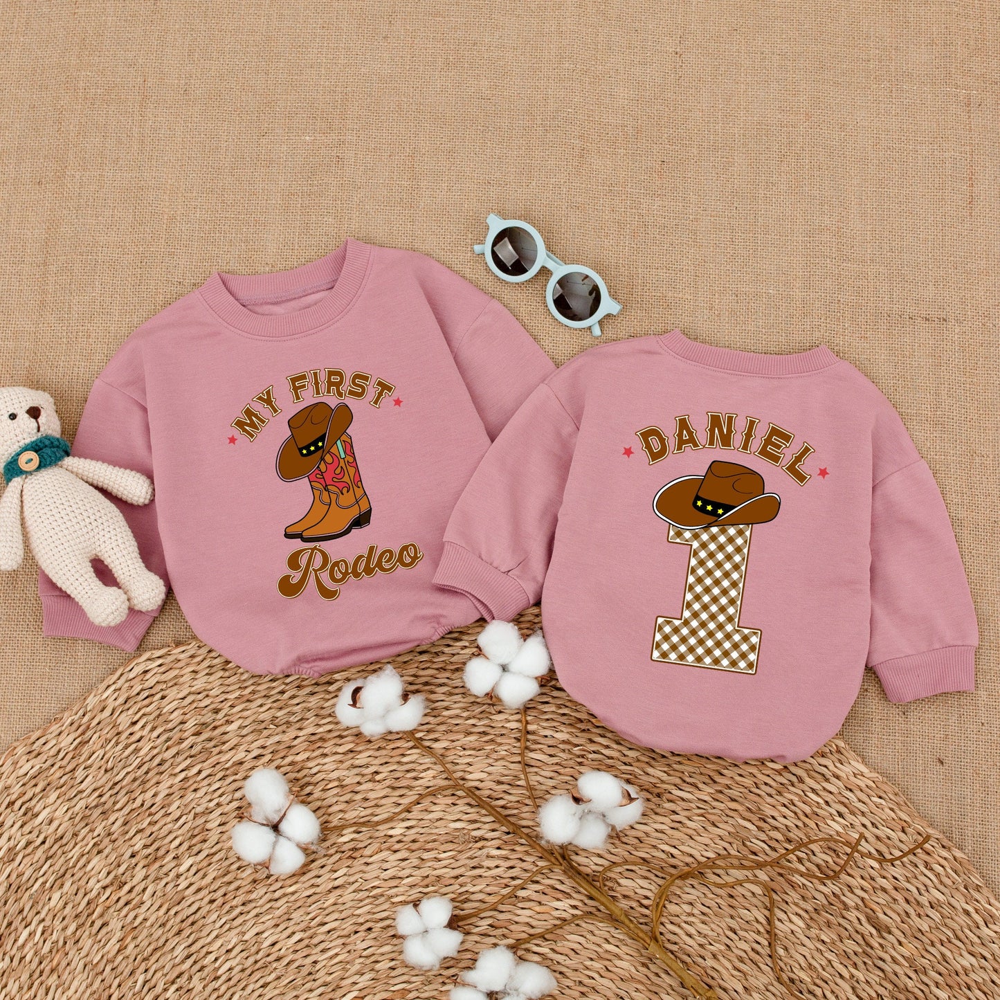 Personalized My First Rodeo Birthday Romper Western Baby Boy Bodysuit First 1st Year Cowboy Hat Plaid Sweatshirt Bubble Gift