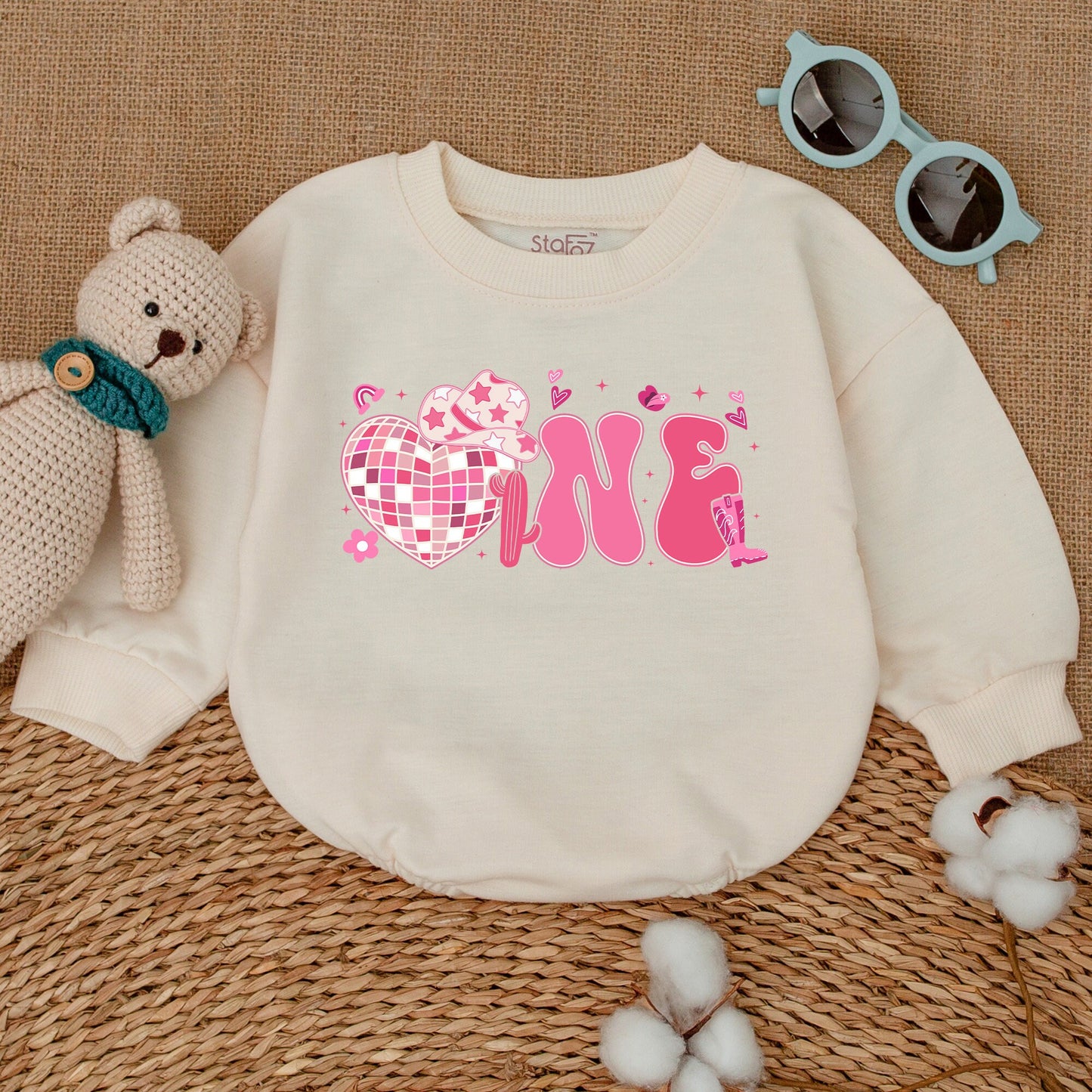 Pink Bubbly ONE Cowgirl Disco First Birthday Romper Baby Girl Western Rodeo Country Outfit with Heart Disco Ball Cowboy Hat Cactus Details