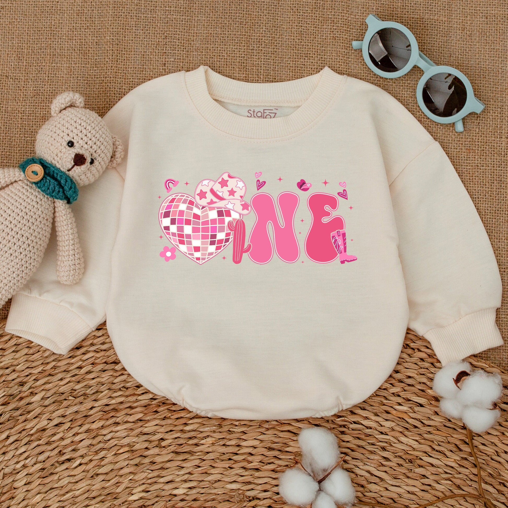 Pink Bubbly ONE Cowgirl Disco First Birthday Romper Baby Girl Western Rodeo Country Outfit with Heart Disco Ball Cowboy Hat Cactus Details