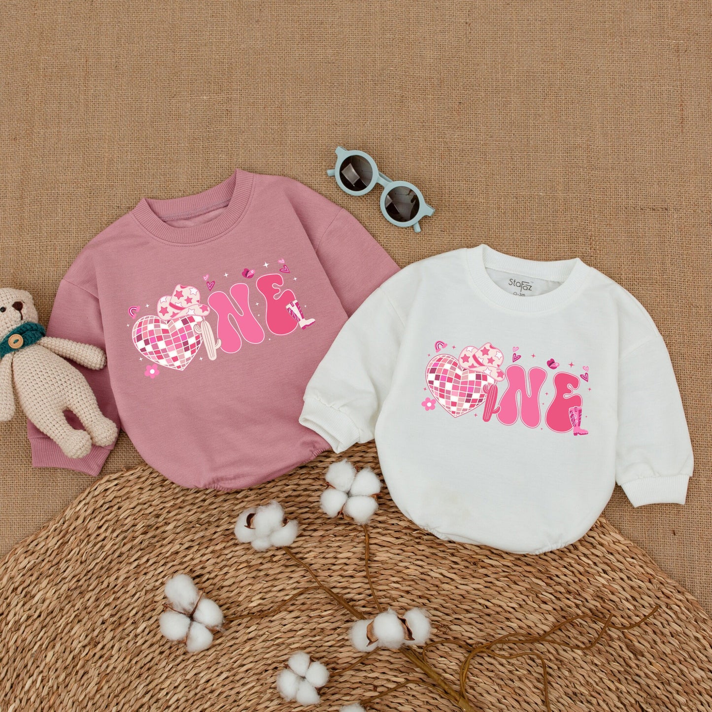 Pink Bubbly ONE Cowgirl Disco First Birthday Romper Baby Girl Western Rodeo Country Outfit with Heart Disco Ball Cowboy Hat Cactus Details