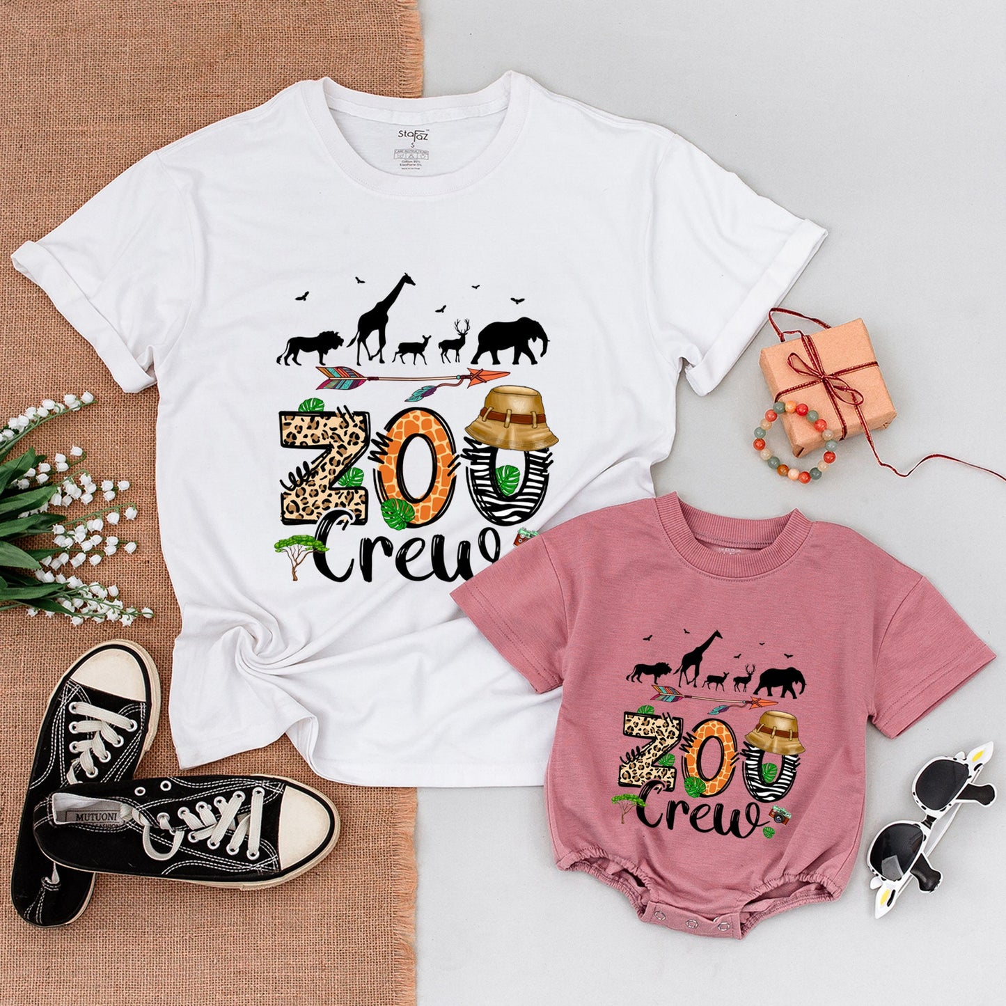 Zoo Crew Matching Family Shirts Safari Squad Trip Tee with Playful Safari Animal Print Design Baby Bodysuit for Birthday