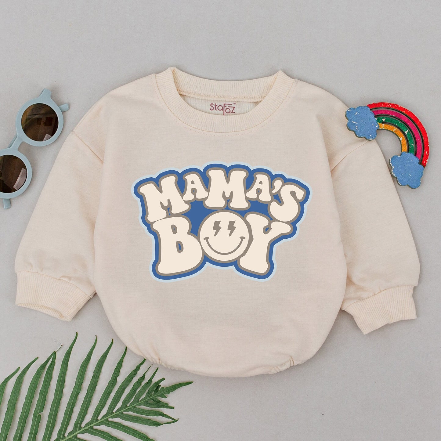 Mama's Boy Baby Romper Bodysuit, Cheerful Retro Newborn Outfit with Smiling Face & Lightning Bolt Eyes, Vintage Gift for Little Boys