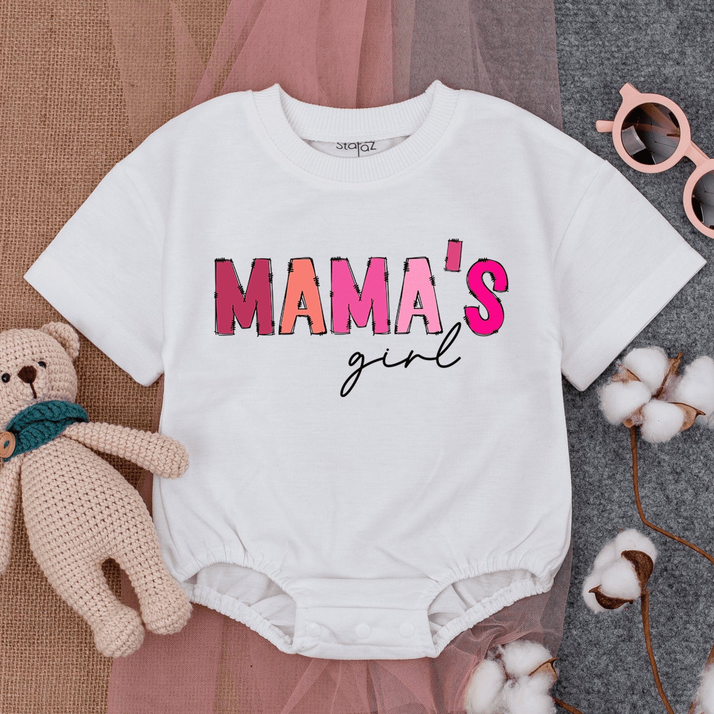 Mama's Girl Pink Bubble Romper Outfit Baby Short Sleeve Baggy Tee New Mom Mother's Day Gift Comfortable Infant Clothing