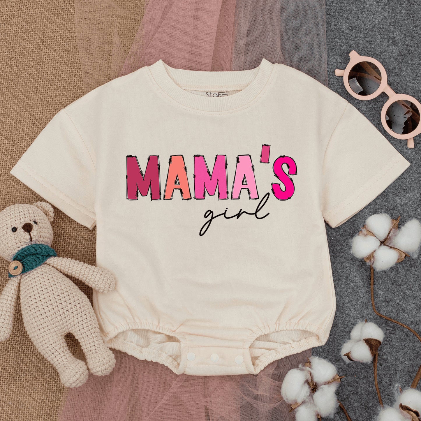 Mama's Girl Pink Bubble Romper Outfit Baby Short Sleeve Baggy Tee New Mom Mother's Day Gift Comfortable Infant Clothing