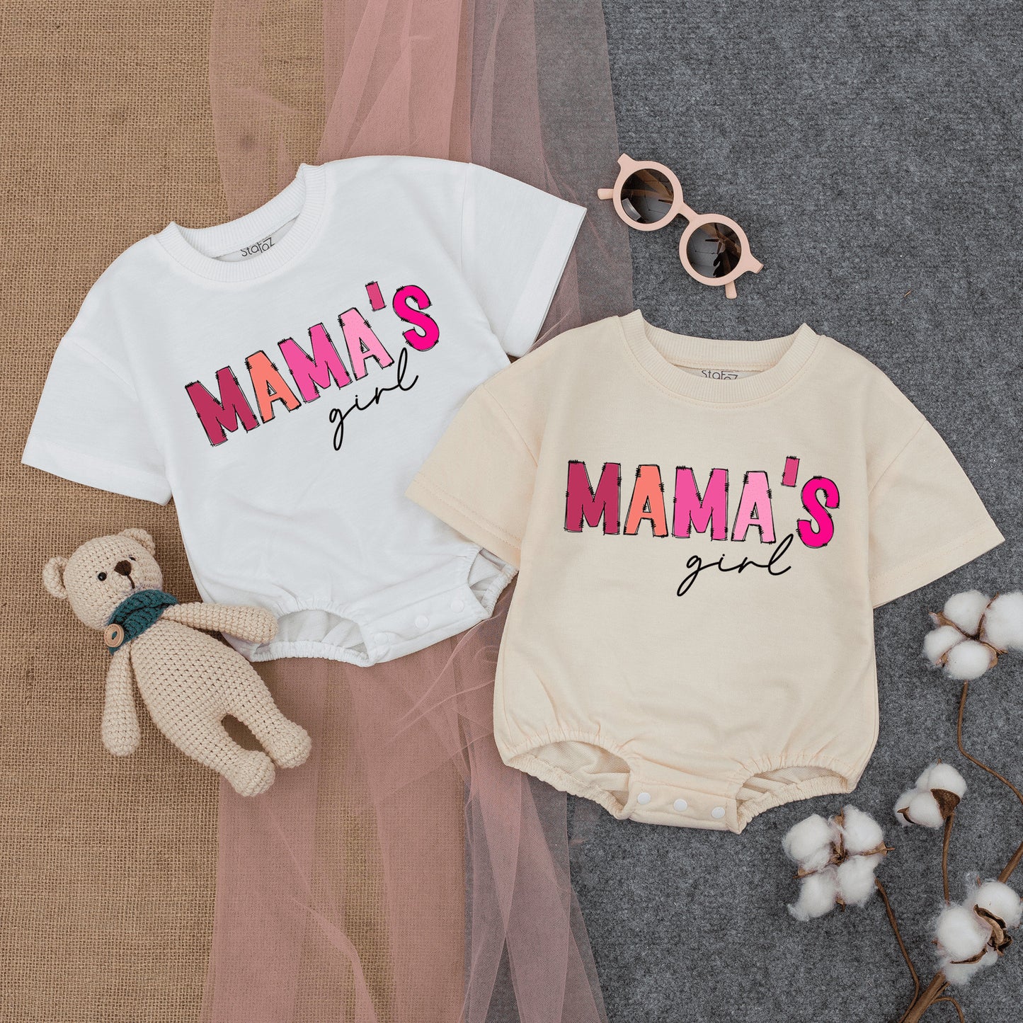 Mama's Girl Pink Bubble Romper Outfit Baby Short Sleeve Baggy Tee New Mom Mother's Day Gift Comfortable Infant Clothing