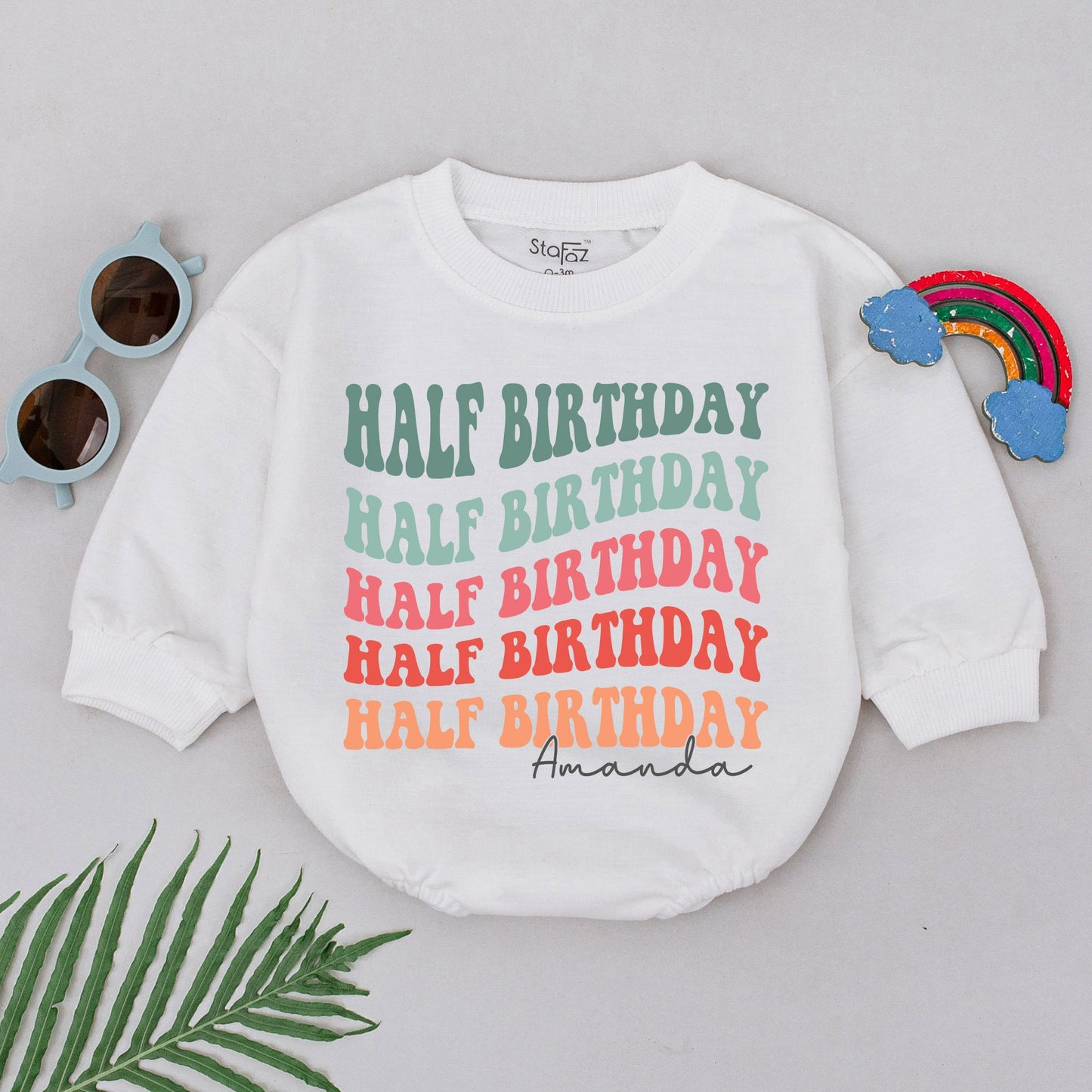 Personalized Half Birthday Romper Colorful Stacked Text Name Design 6 Months Baby Outfit Half Way To One Newborn Girl Boy Celebration Gift