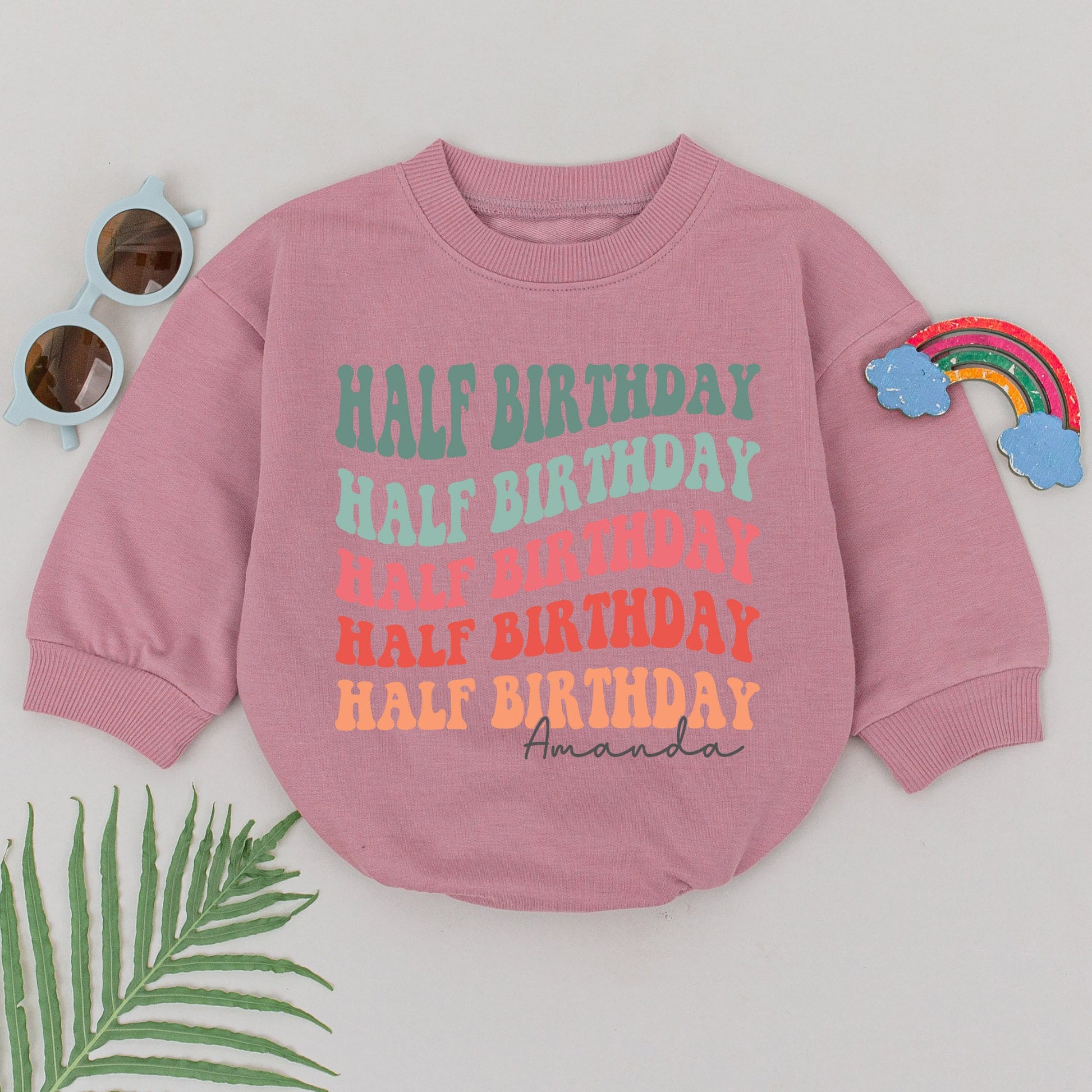 Personalized Half Birthday Romper Colorful Stacked Text Name Design 6 Months Baby Outfit Half Way To One Newborn Girl Boy Celebration Gift
