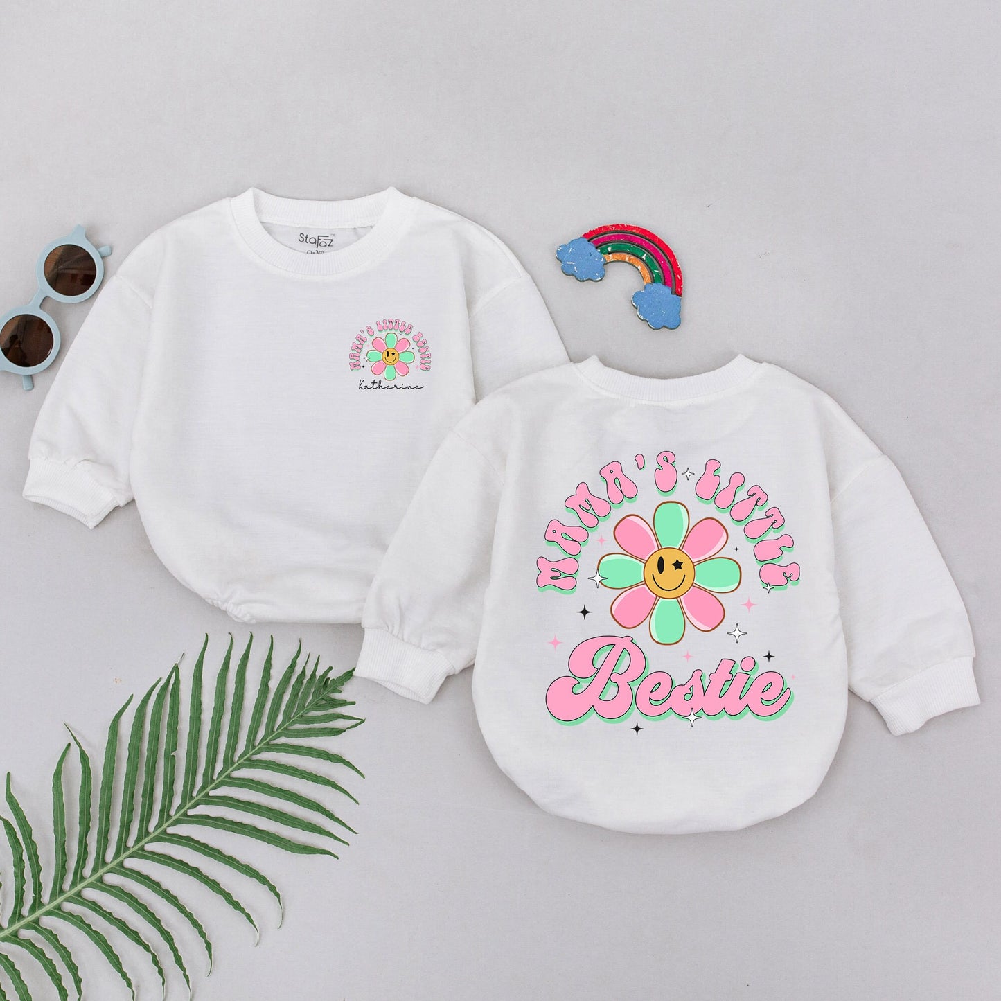 Mama's Little Bestie Baby Girl Romper Retro Pink Mint Daisy Smiley Face First Mother's Day Gift Daughter Outfit Whimsical Newborn Clothes
