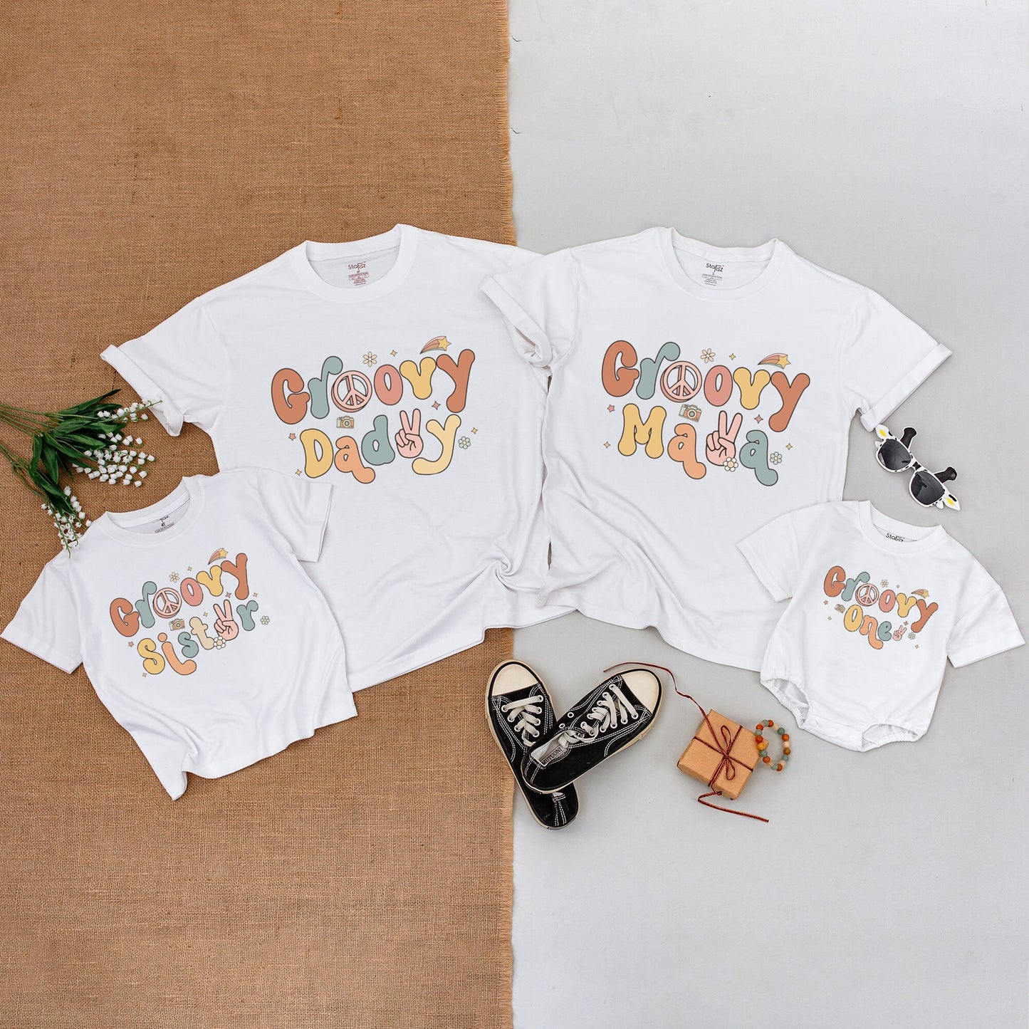 Groovy One 1st Birthday Shirt Family Matching Retro Design Peace Sign Camera Pastel Pink Teal Yellow Vintage Mama Daddy Bodysuit