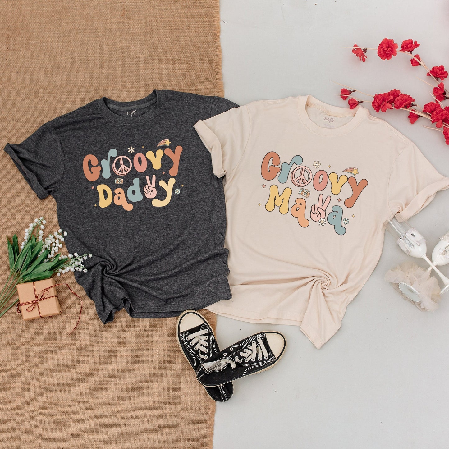 Groovy One 1st Birthday Shirt Family Matching Retro Design Peace Sign Camera Pastel Pink Teal Yellow Vintage Mama Daddy Bodysuit