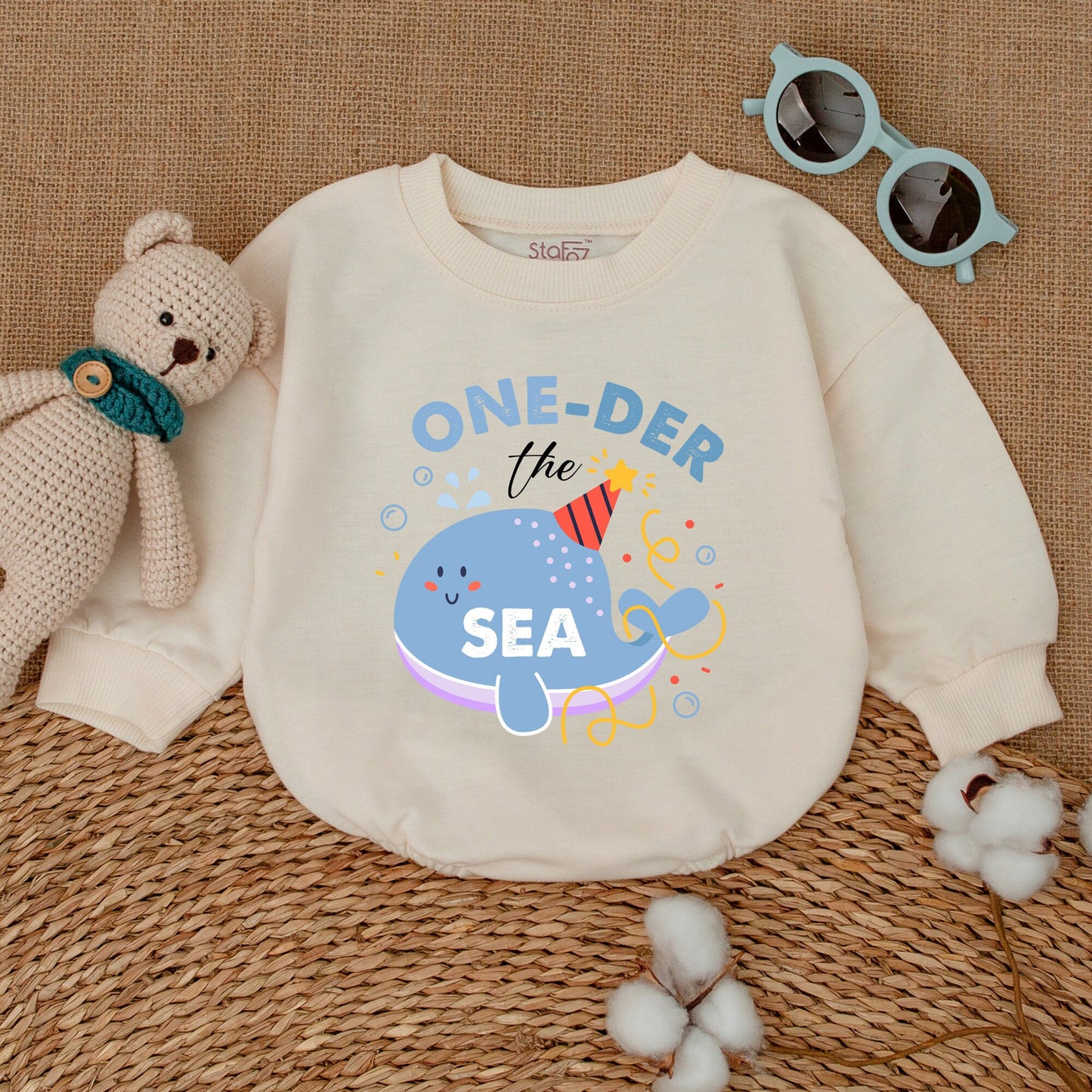 Oneder The Sea Whale Birthday Baby Bubble Romper Ocean Smash Cake Outfit Cheerful Cartoon Party Hat Design Baby Shower Gift