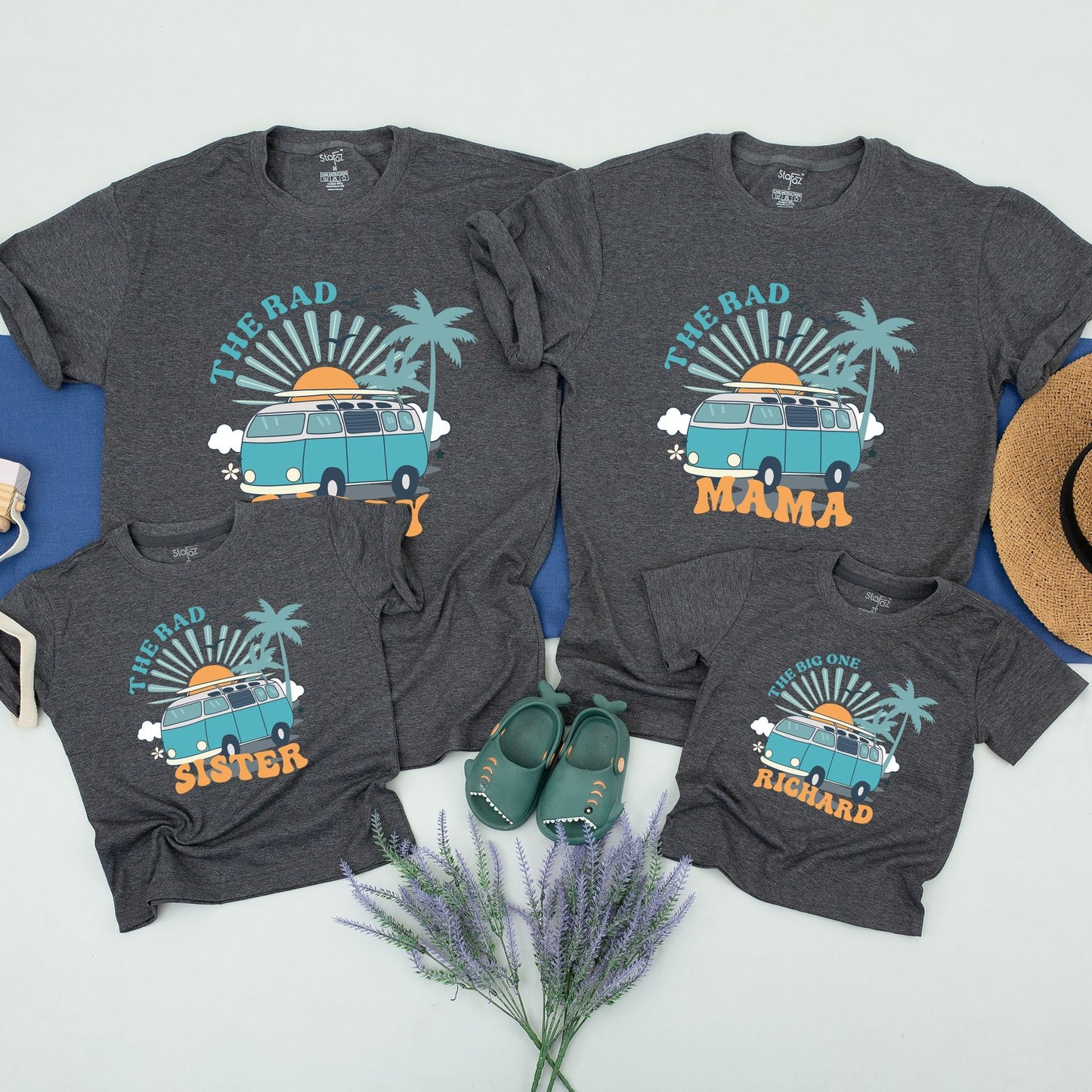 Personalized Matching Family Surf Birthday Shirts The Big One First Birthday Outfit Retro Teal Van Palm Tree Beach Theme