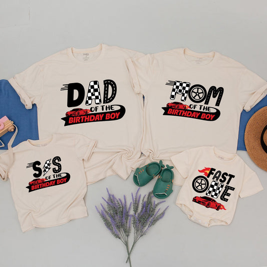 Fast One Birthday Family Matching Race Car Shirts for 1st Birthday Boy Party Outfit Red Flame Checkered Flag Soft Cotton Celebration Tee