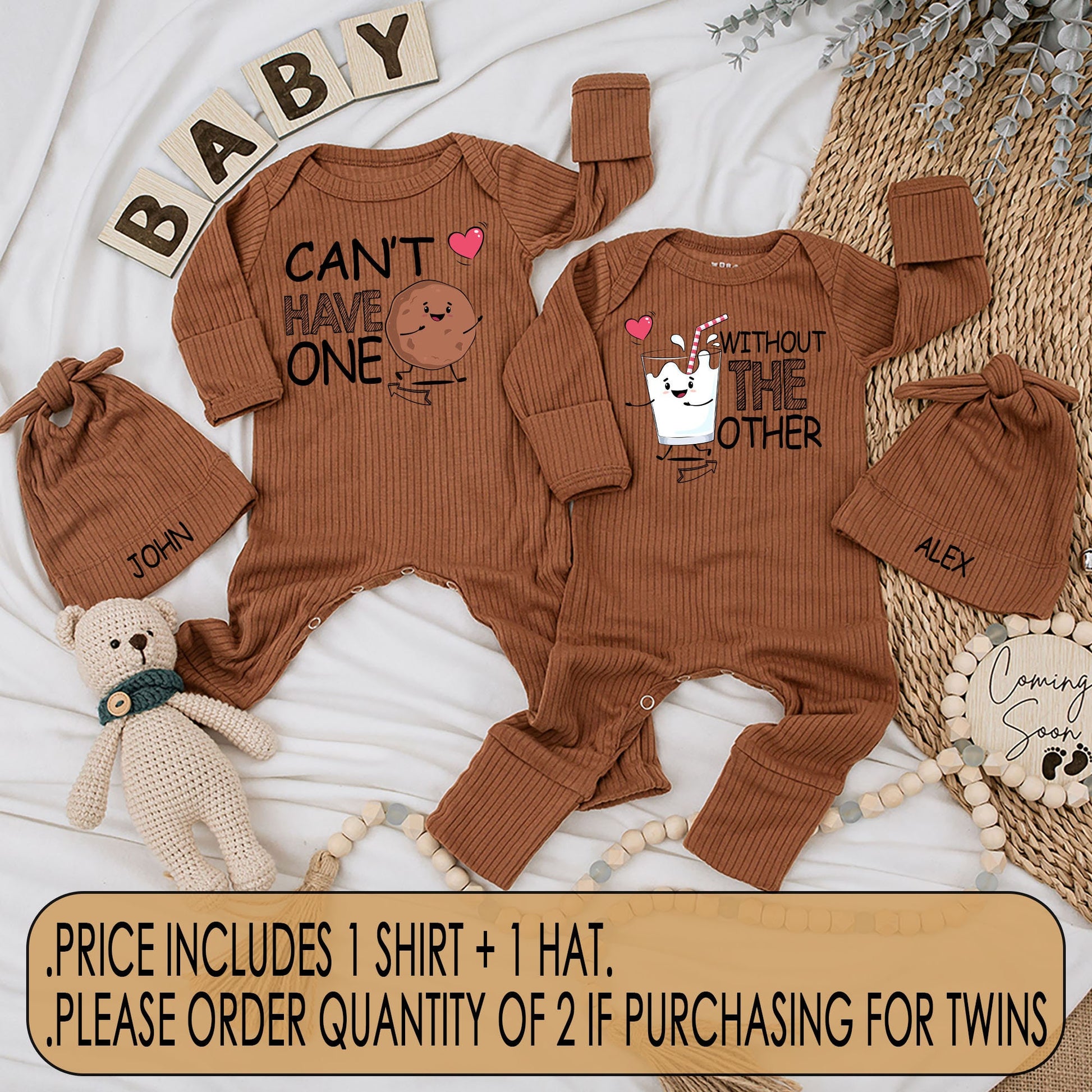 Adorable Milk and Cookies Baby Bodysuit and Hat Set "Can't Have One Without the Other" Matching Newborn Romper Outfit Soft Infant Shower Gift