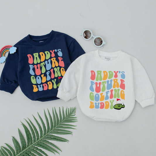 Daddy's Future Golfing Buddy Romper Baby Boy, Retro 70s Pastel Golf Bodysuit Outfit with Vintage Green Flag Graphics, Soft Father's Day Gift