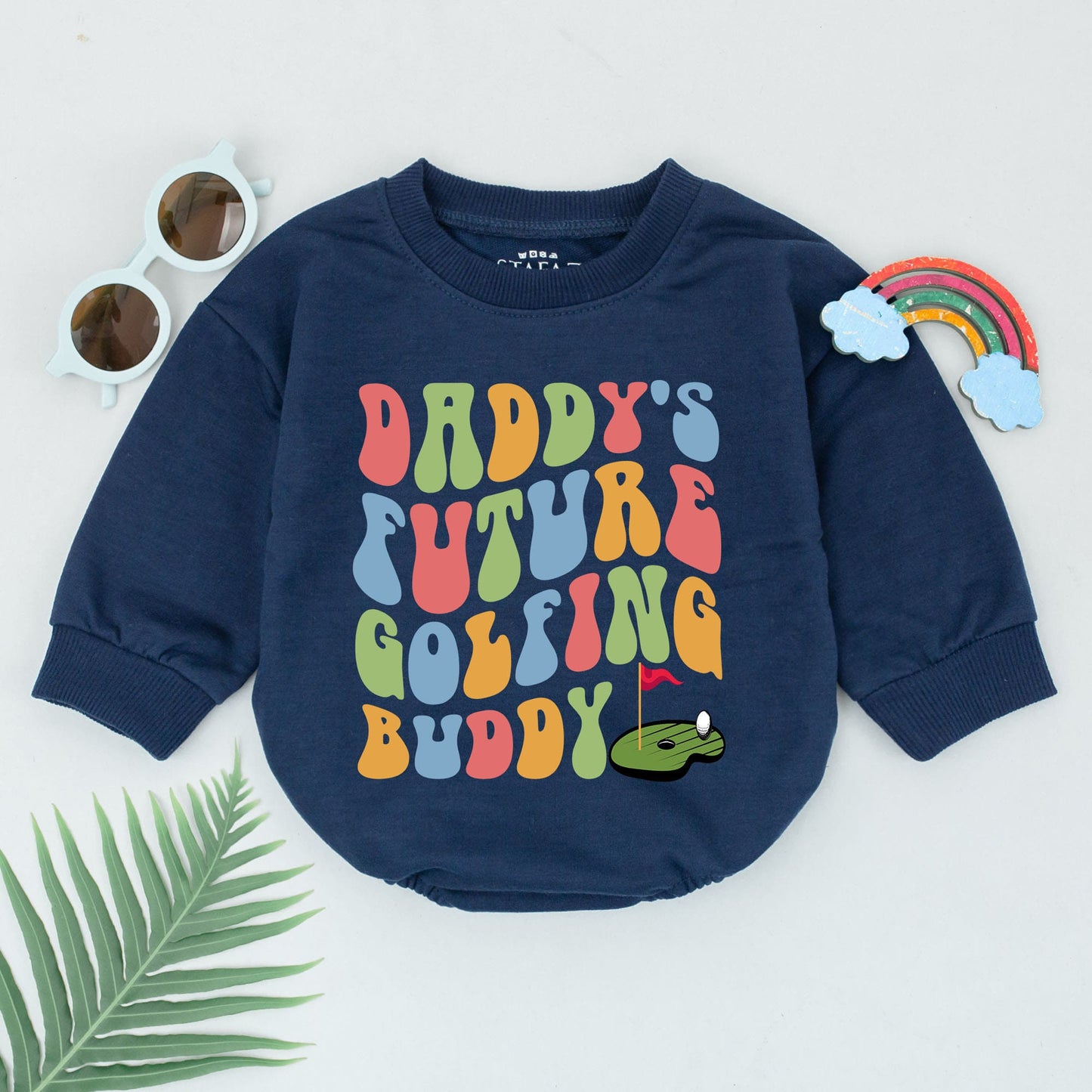 Daddy's Future Golfing Buddy Romper Baby Boy, Retro 70s Pastel Golf Bodysuit Outfit with Vintage Green Flag Graphics, Soft Father's Day Gift