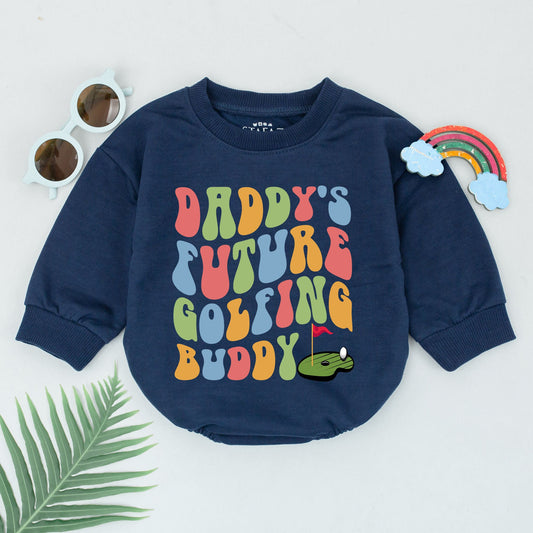 Daddy's Future Golfing Buddy Romper Baby Boy, Retro 70s Pastel Golf Bodysuit Outfit with Vintage Green Flag Graphics, Soft Father's Day Gift