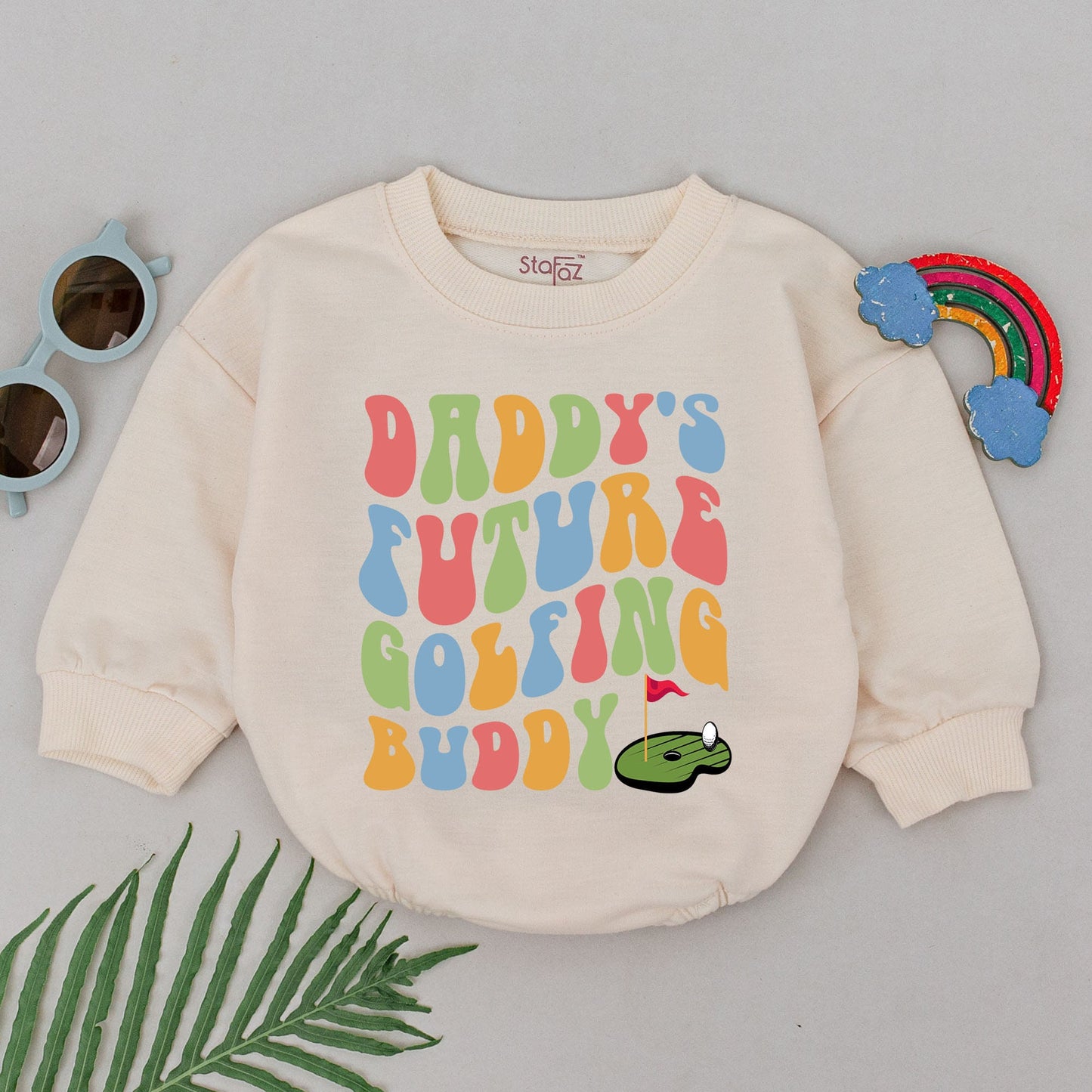 Daddy's Future Golfing Buddy Romper Baby Boy, Retro 70s Pastel Golf Bodysuit Outfit with Vintage Green Flag Graphics, Soft Father's Day Gift