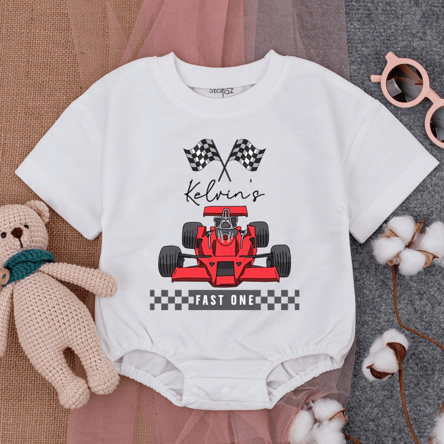 Personalized Race Car Fast One Baby Boy Short Sleeve Romper Outfit Custom Name First Birthday Checkered Flags Red Car 1st Celebration