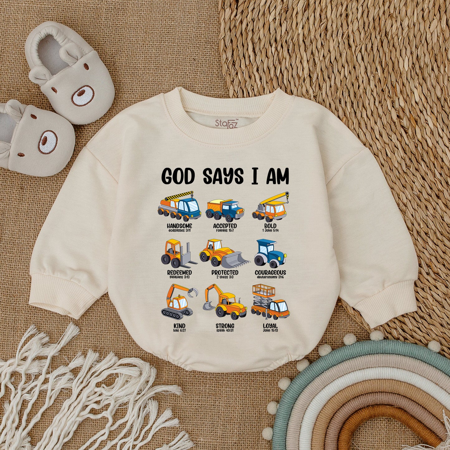 God Says I Am Christian Baby Bodysuit with Construction Vehicles Gender Reveal Baby Shower Gift Religious Keepsake Baptism Bubble Romper