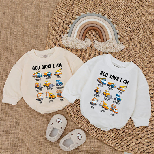 God Says I Am Christian Baby Bodysuit with Construction Vehicles Gender Reveal Baby Shower Gift Religious Keepsake Baptism Bubble Romper