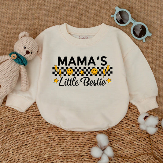 Mama's Little Bestie Retro Baby Bubble Romper Bodysuit Smiley Face Checkerboard Newborn Outfit Soft Cotton Mother's Day Gift