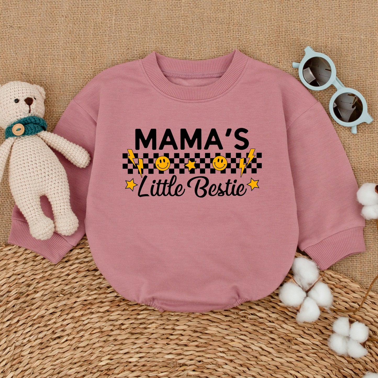 Mama's Little Bestie Retro Baby Bubble Romper Bodysuit Smiley Face Checkerboard Newborn Outfit Soft Cotton Mother's Day Gift