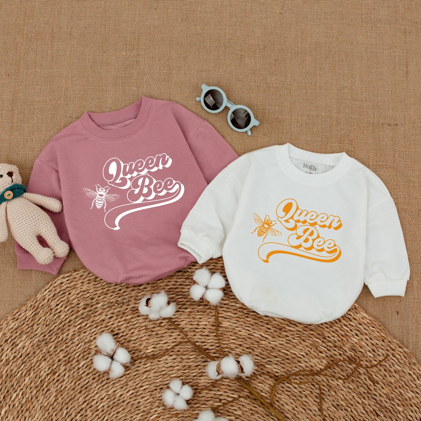 Matching Family Queen Bee Birthday Baby Romper Retro 70s Style Bubble Bodysuit First Bee Day Smash Cake Outfit Newborn Girl Gift