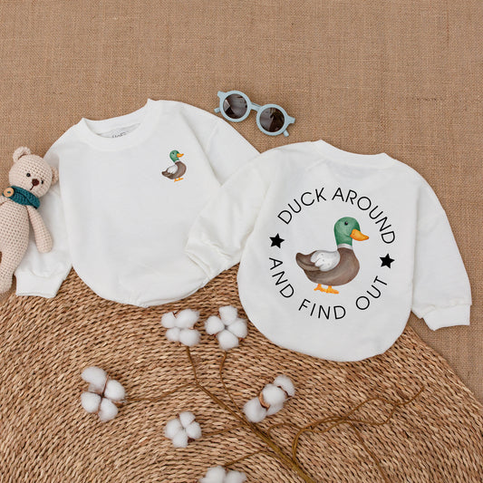 Duck Around and Find Out Funny Baby Romper Bodysuit Whimsical Duckling Infant Outfit Trending Animal Design Brown Green Orange Gift