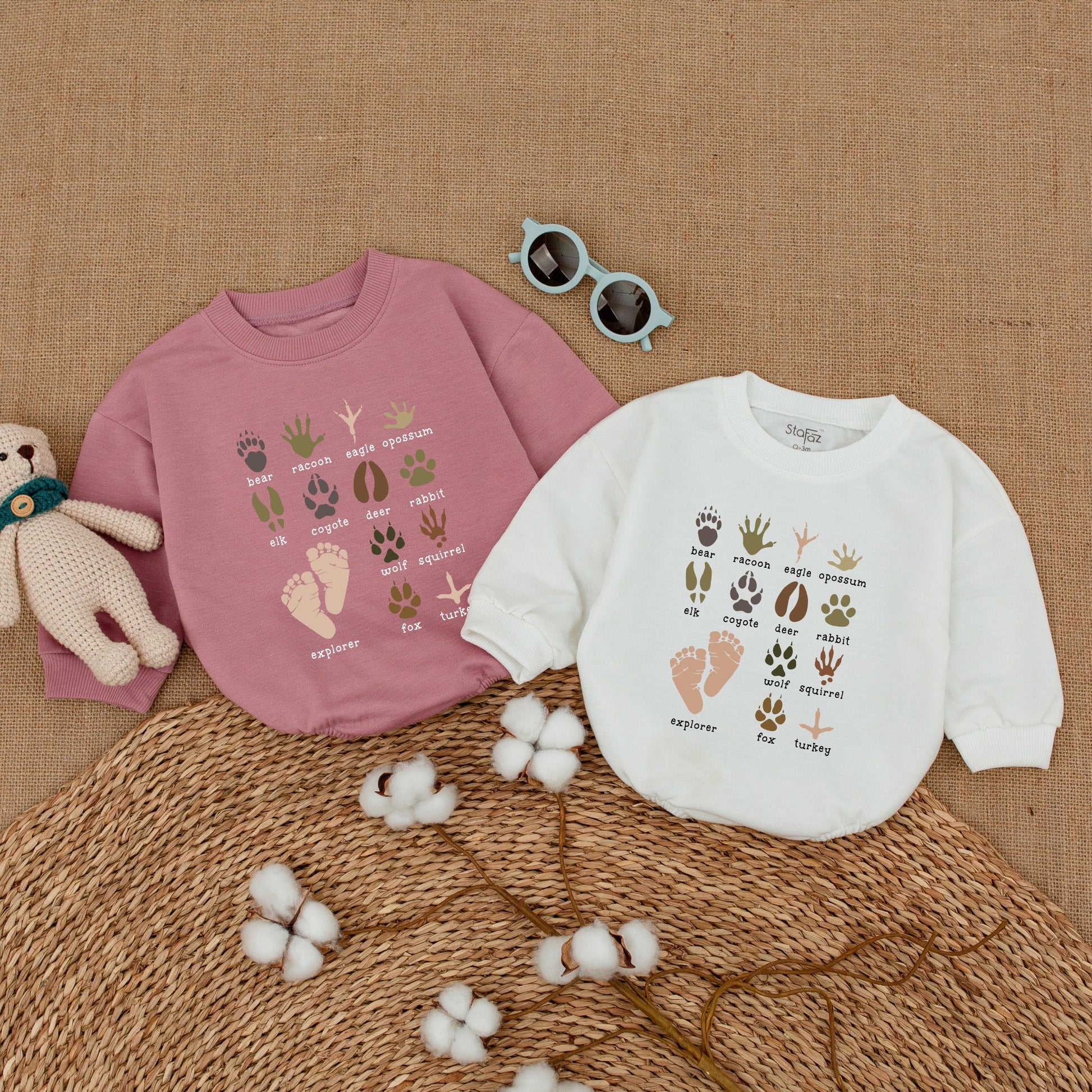 Whimsical Animal Track Prints Baby Romper Bodysuit Explorer Adventure Outfit Wild Paw Prints Natural Earth Tone Colors Educational Wildlife