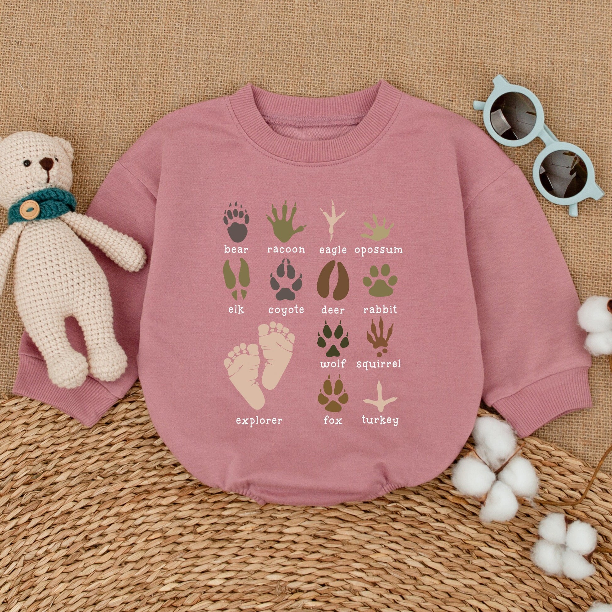 Whimsical Animal Track Prints Baby Romper Bodysuit Explorer Adventure Outfit Wild Paw Prints Natural Earth Tone Colors Educational Wildlife